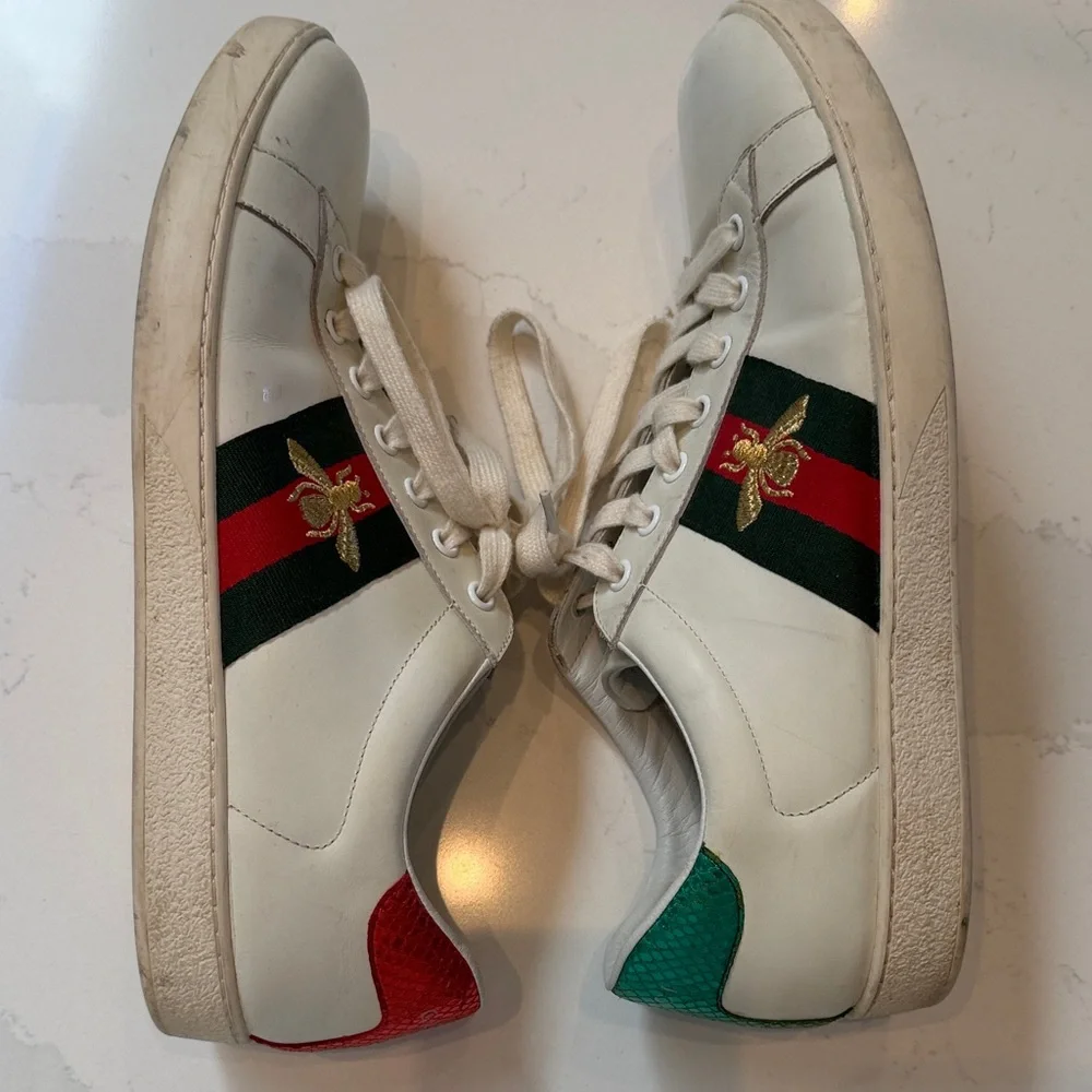 Gucci Ace Bee White Leather Sneakers with Red & Green Stripe Bee Accent